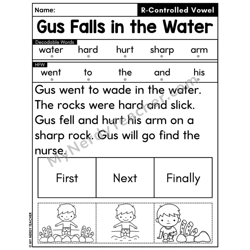 R-Controlled Vowels Decodable Passage with Sequencing #47 — Gus Falls in the Water