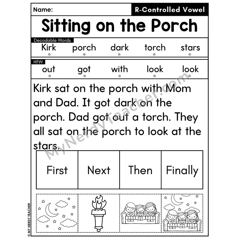 R-Controlled Vowels Decodable Passage with Sequencing #34 — Sitting on the Porch