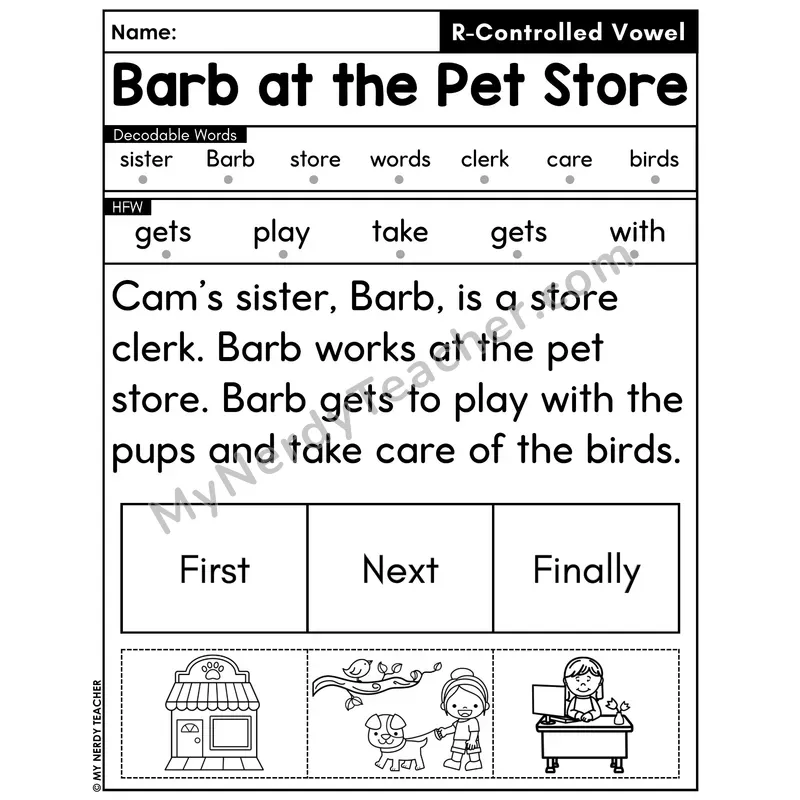 R-Controlled Vowels Decodable Passage with Sequencing #42 — Barb at the Pet Store