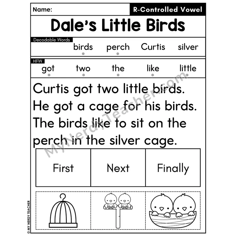 R-Controlled Vowels Decodable Passage with Sequencing #36 — Dale's Little Birds