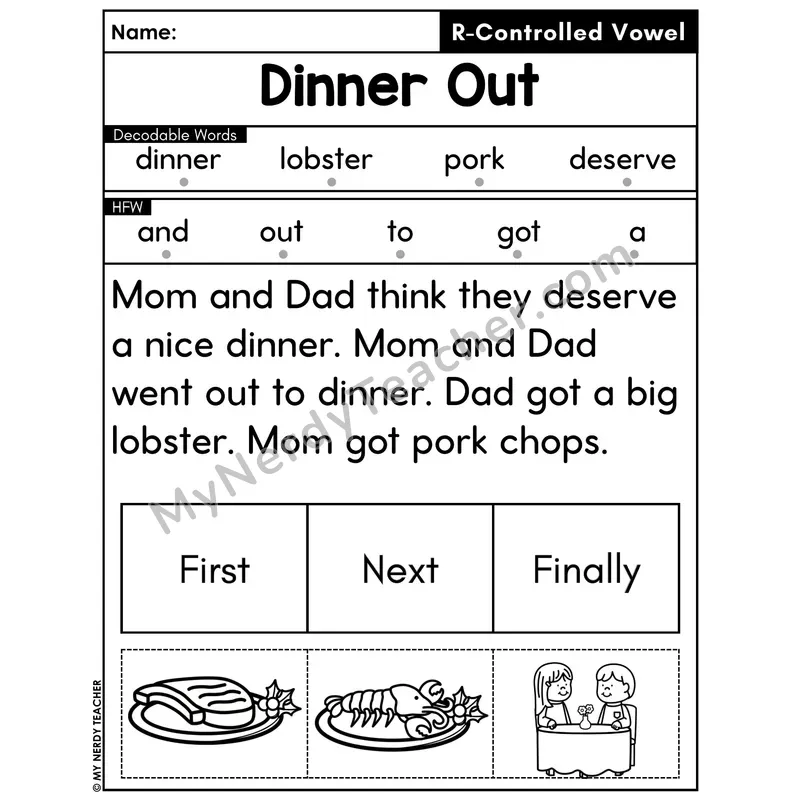 R-Controlled Vowels Decodable Passage with Sequencing #45 — Dinner Out