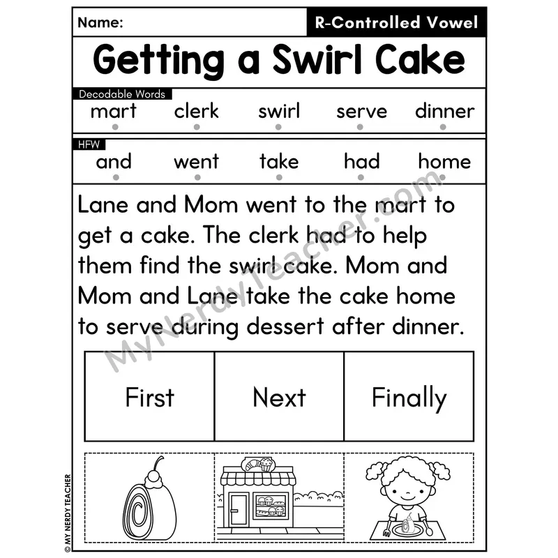 R-Controlled Vowels Decodable Passage with Sequencing #35 — Getting a Swirl Cake