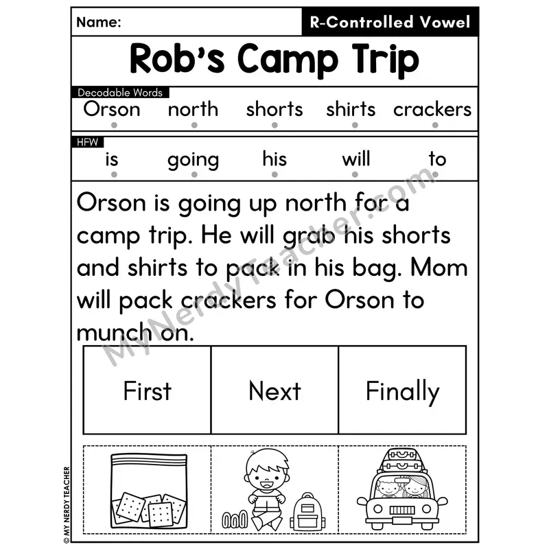 R-Controlled Vowels Decodable Passage with Sequencing #40 — Rob's Camp Trip