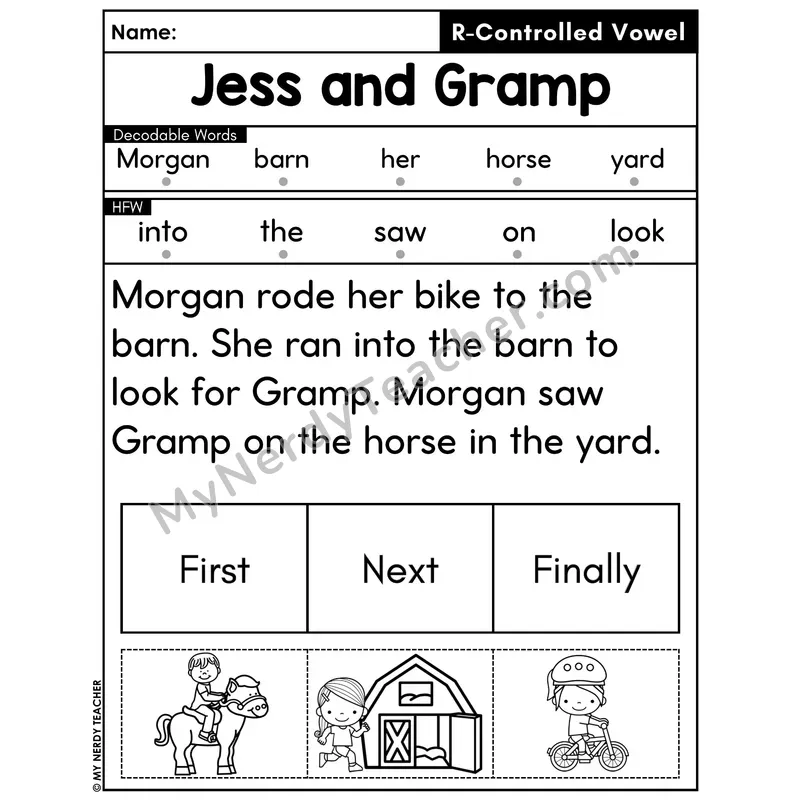 R-Controlled Vowels Decodable Passage with Sequencing #30 — Jess and Gramp