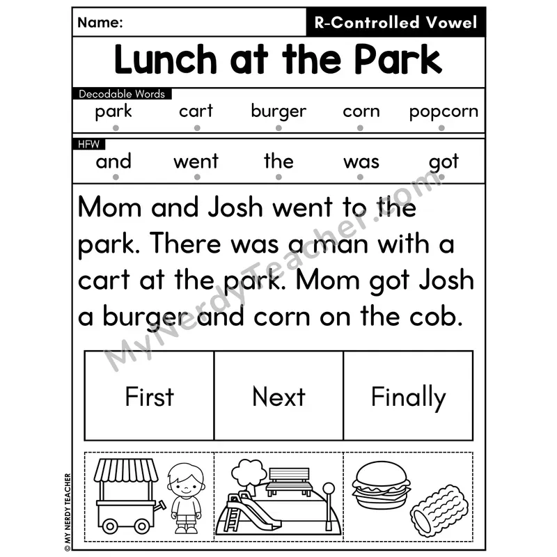 R-Controlled Vowels Decodable Passage with Sequencing #37 — Lunch at the Park
