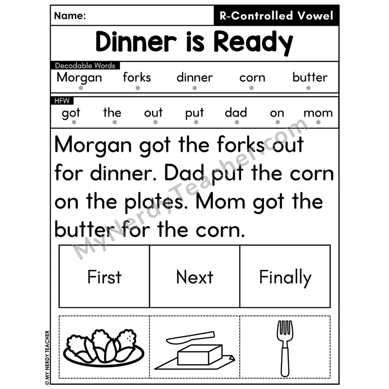 R-Controlled Vowels Decodable Passage with Sequencing #24 — Dinner is Ready