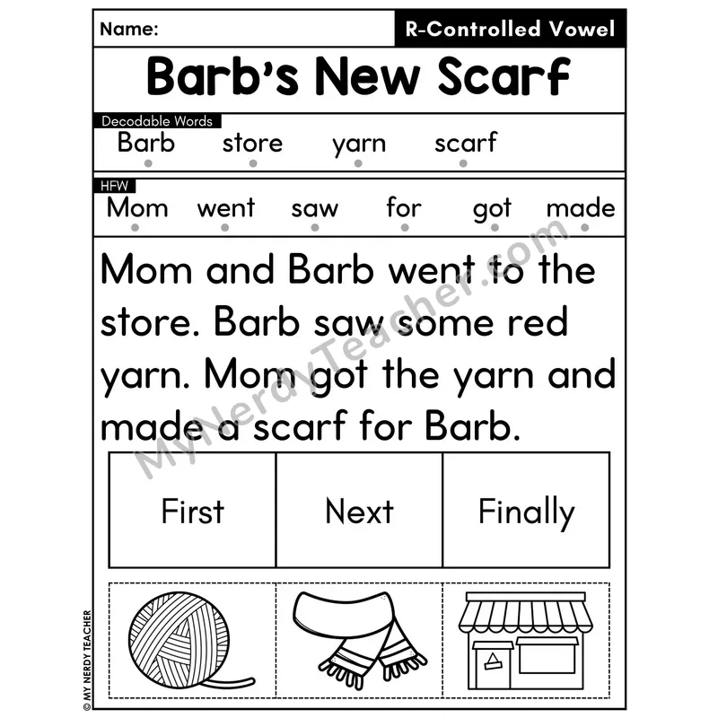 R-Controlled Vowels Decodable Passage with Sequencing #27 — Barb's New Scarf