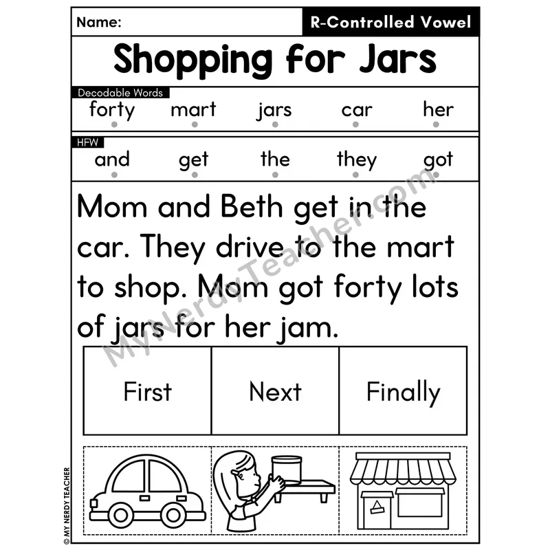 R-Controlled Vowels Decodable Passage with Sequencing #29 — Shopping for Jars