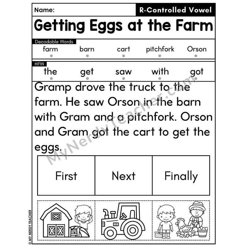 R-Controlled Vowels Decodable Passage with Sequencing #28 — Getting Eggs at the Farm