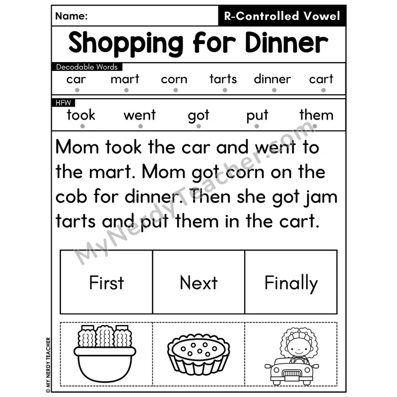 R-Controlled Vowels Decodable Passage with Sequencing #32 — Shopping for Dinner