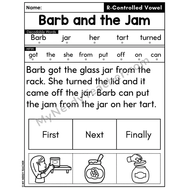 R-Controlled Vowels Decodable Passage with Sequencing #26 — Barb and the Jam