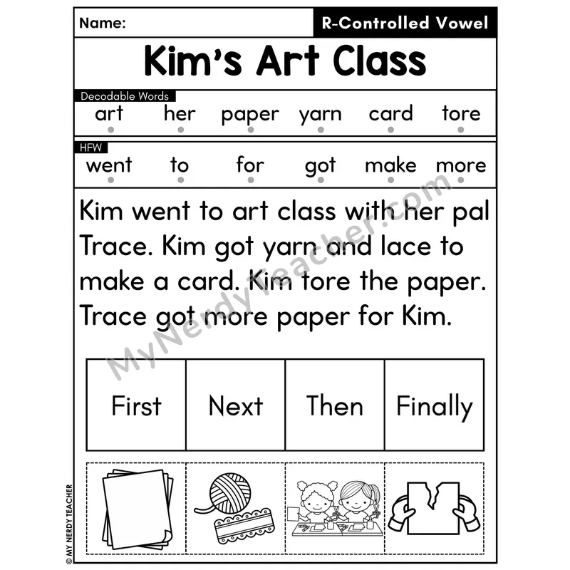 R-Controlled Vowels Decodable Passage with Sequencing #33 — Kim's Art Class