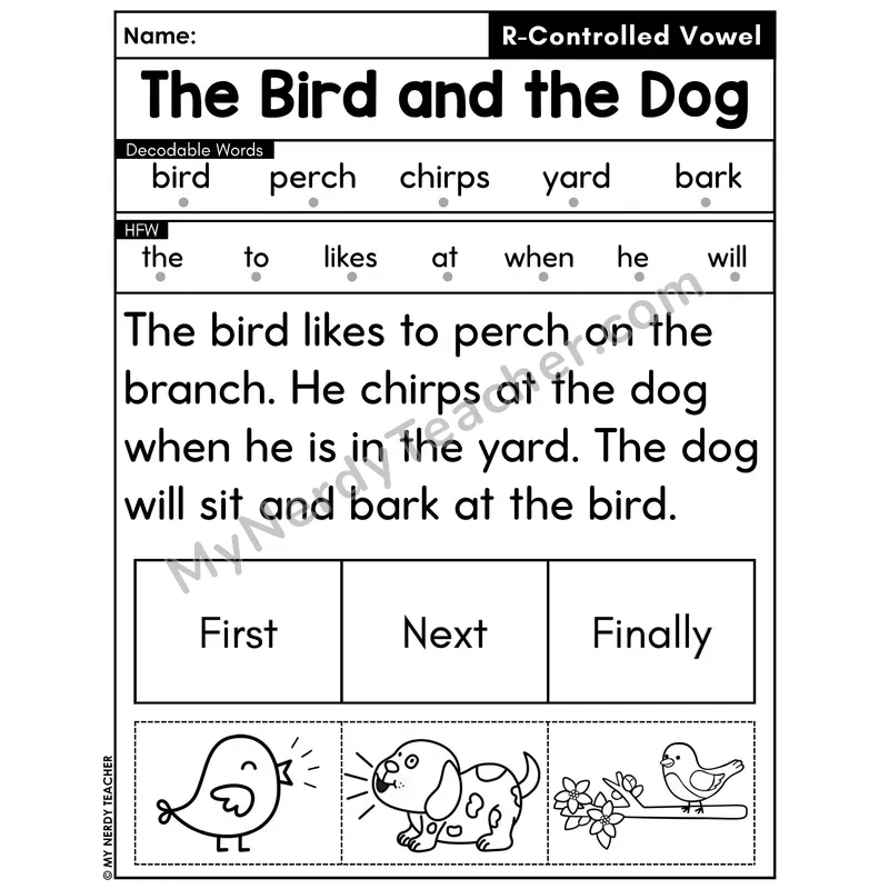 R-Controlled Vowels Decodable Passage with Sequencing #18 — The Bird and the Dog