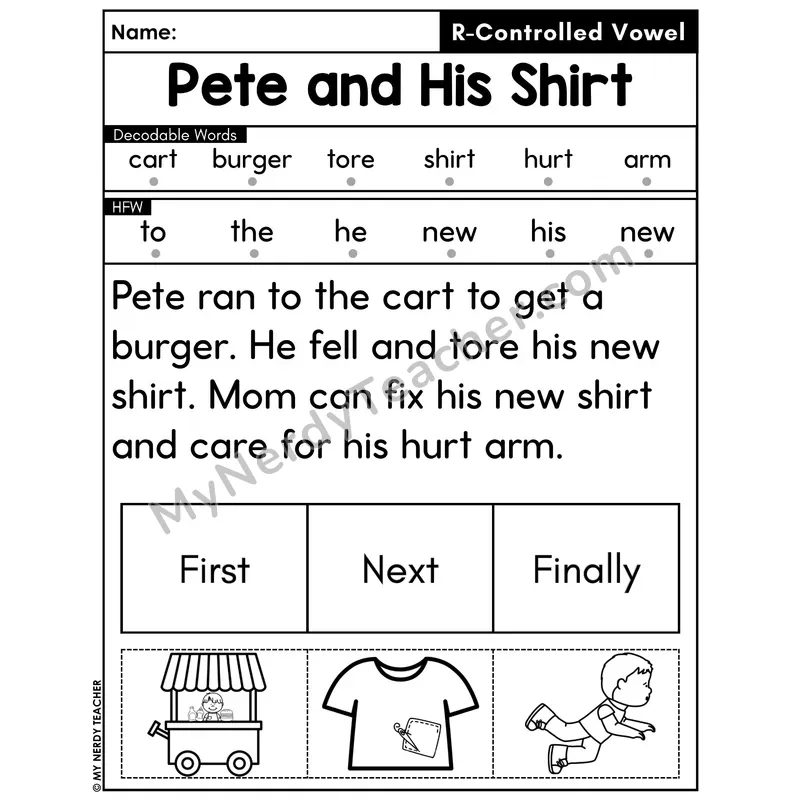 R-Controlled Vowels Decodable Passage with Sequencing #19 — Pete and His Shirt