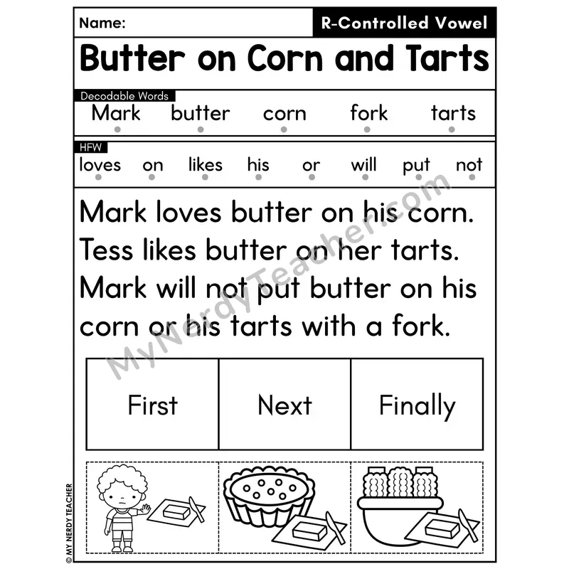 R-Controlled Vowels Decodable Passage with Sequencing #15 — Butter on Corn and Tarts
