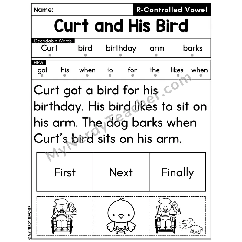 R-Controlled Vowels Decodable Passage with Sequencing #17 — Curt and His Bird