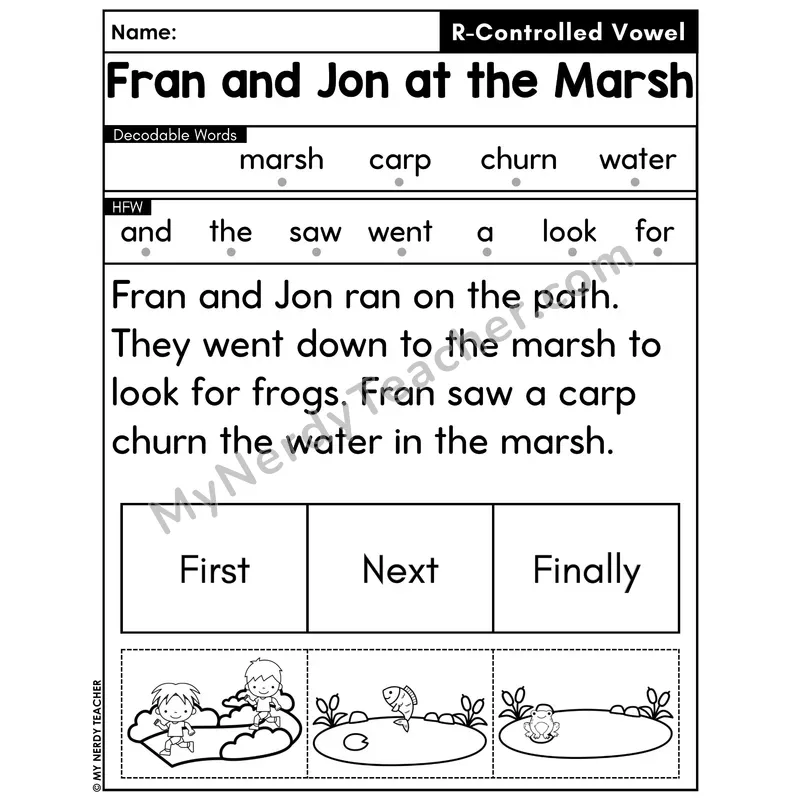 R-Controlled Vowels Decodable Passage with Sequencing #14 — Fran and Jon at the Marsh