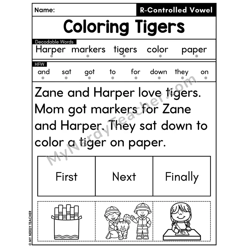 R-Controlled Vowels Decodable Passage with Sequencing #23 — Coloring Tigers