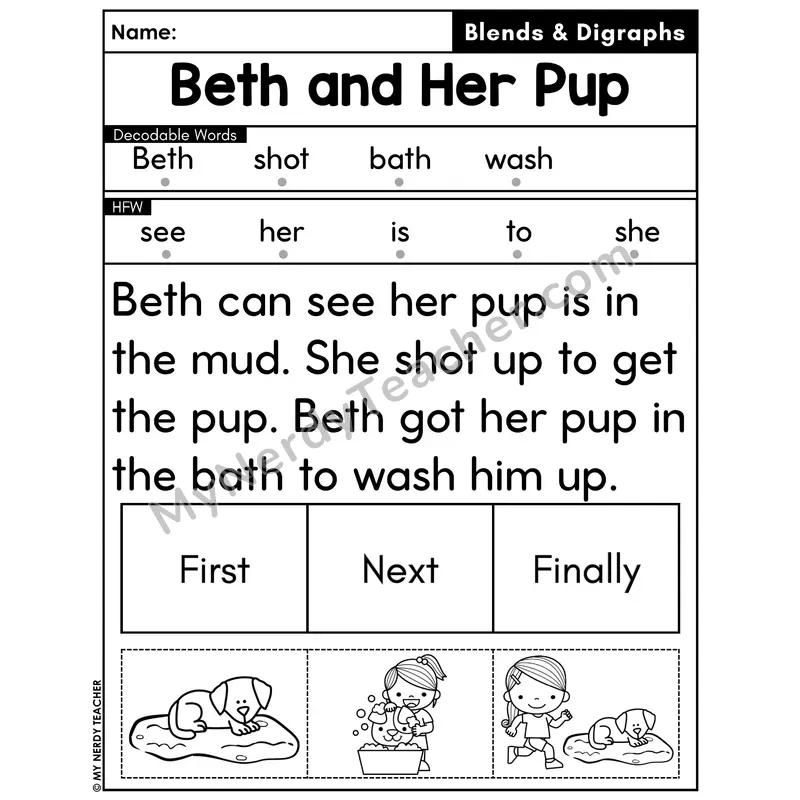Digraphs and Blends Decodable Passage with Sequencing #2 — Beth and Her Pup