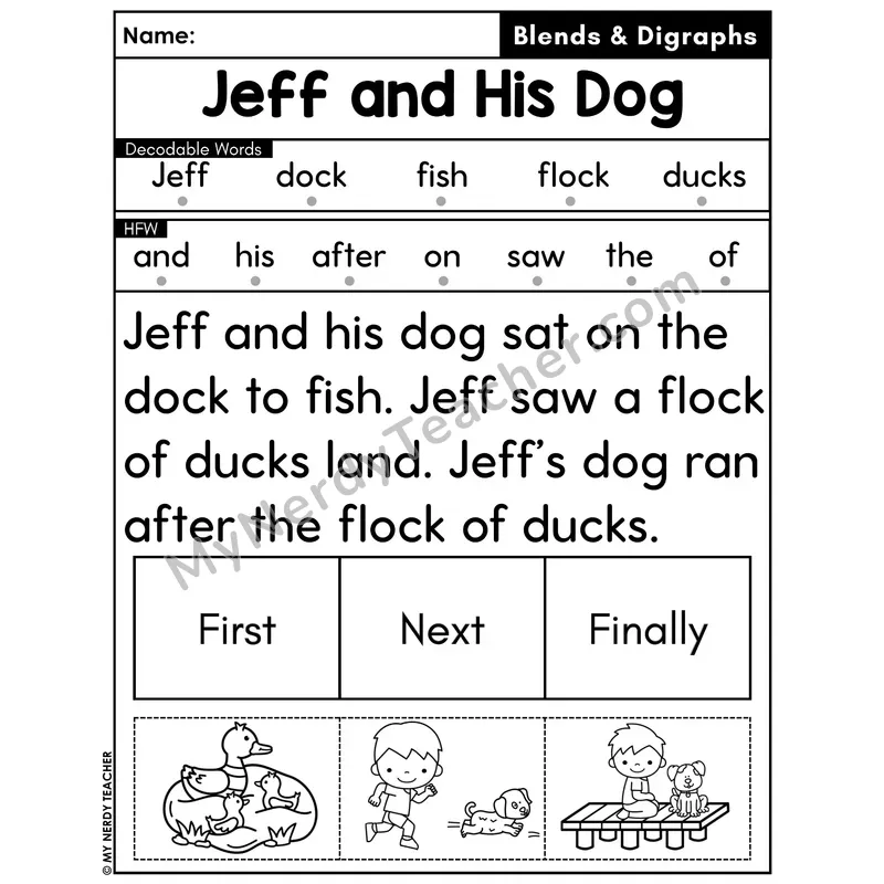 Digraphs and Blends Decodable Passage with Sequencing #44 — Jeff and His Dog