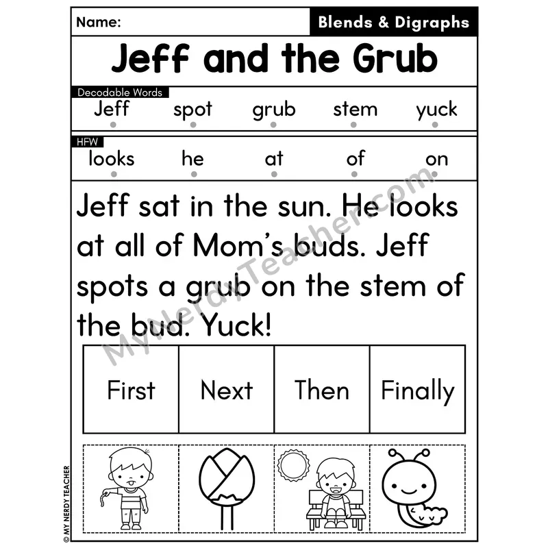 Digraphs and Blends Decodable Passage with Sequencing #5 — Jeff and the Grub
