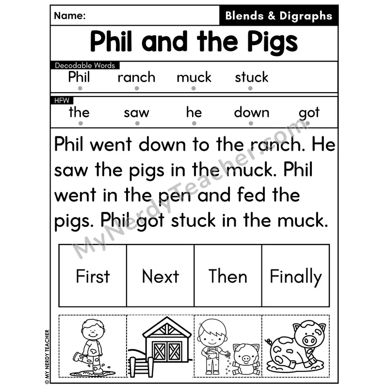 Digraphs and Blends Decodable Passage with Sequencing #42 — Phil and the Pigs