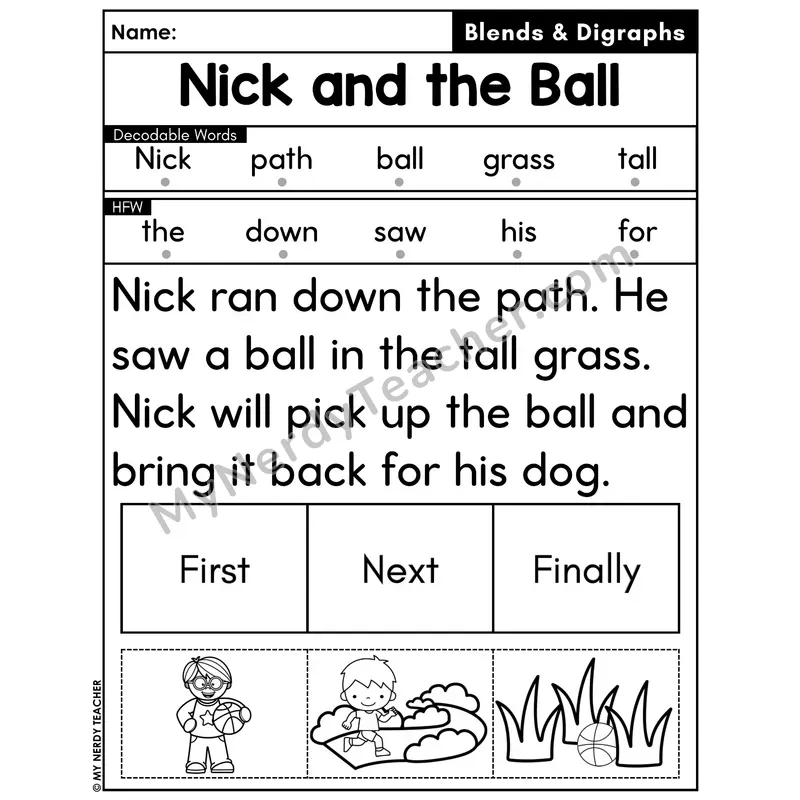 Digraphs and Blends Decodable Passage with Sequencing #40 — Nick and the Ball