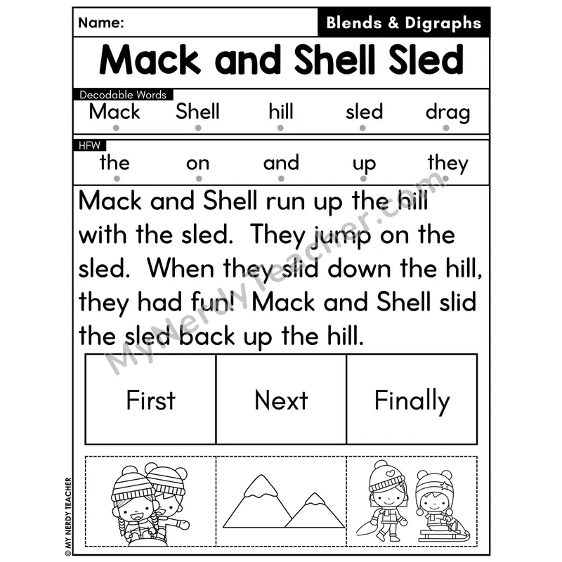 Digraphs and Blends Decodable Passage with Sequencing #49 — Mack and Shell Sled