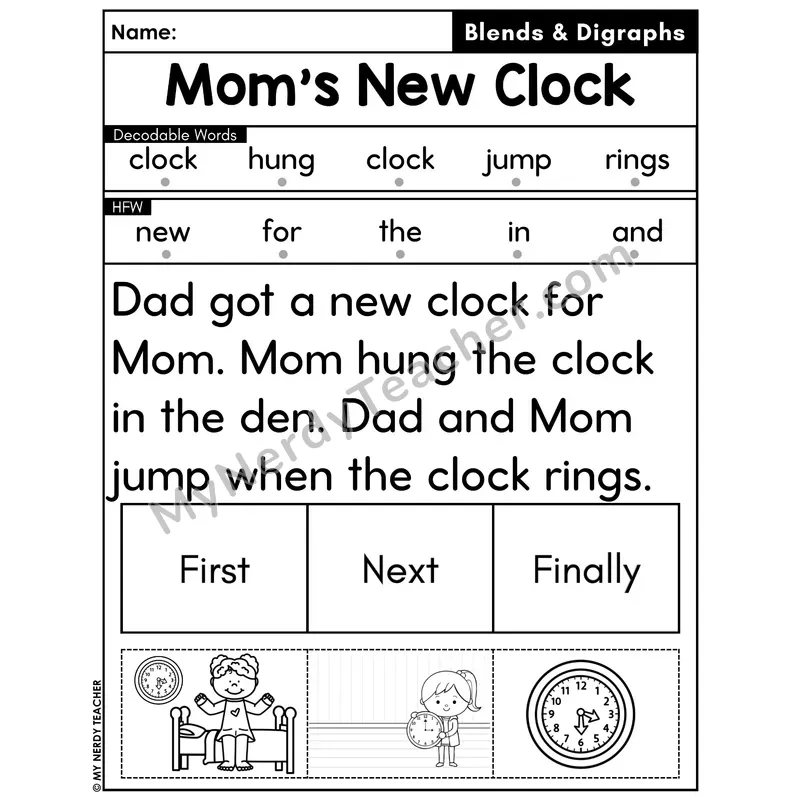 Digraphs and Blends Decodable Passage with Sequencing #48 — Mom's New Clock