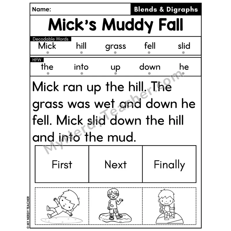 Digraphs and Blends Decodable Passage with Sequencing #46 — Mick's Muddy Fall