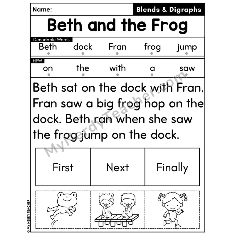 Digraphs and Blends Decodable Passage with Sequencing #50 — Beth and the Frog