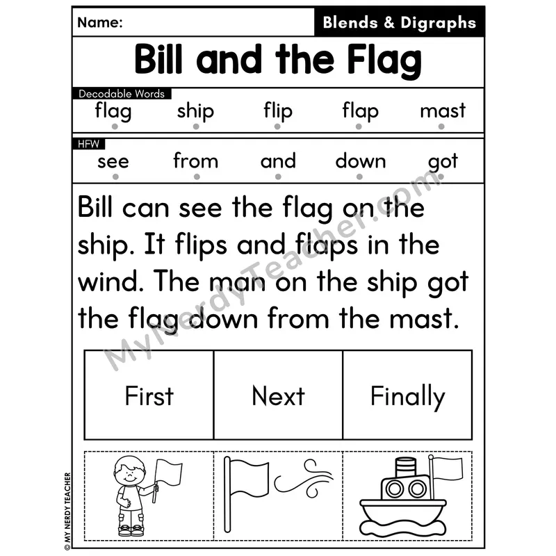 Digraphs and Blends Decodable Passage with Sequencing #43 — Bill and the Flag