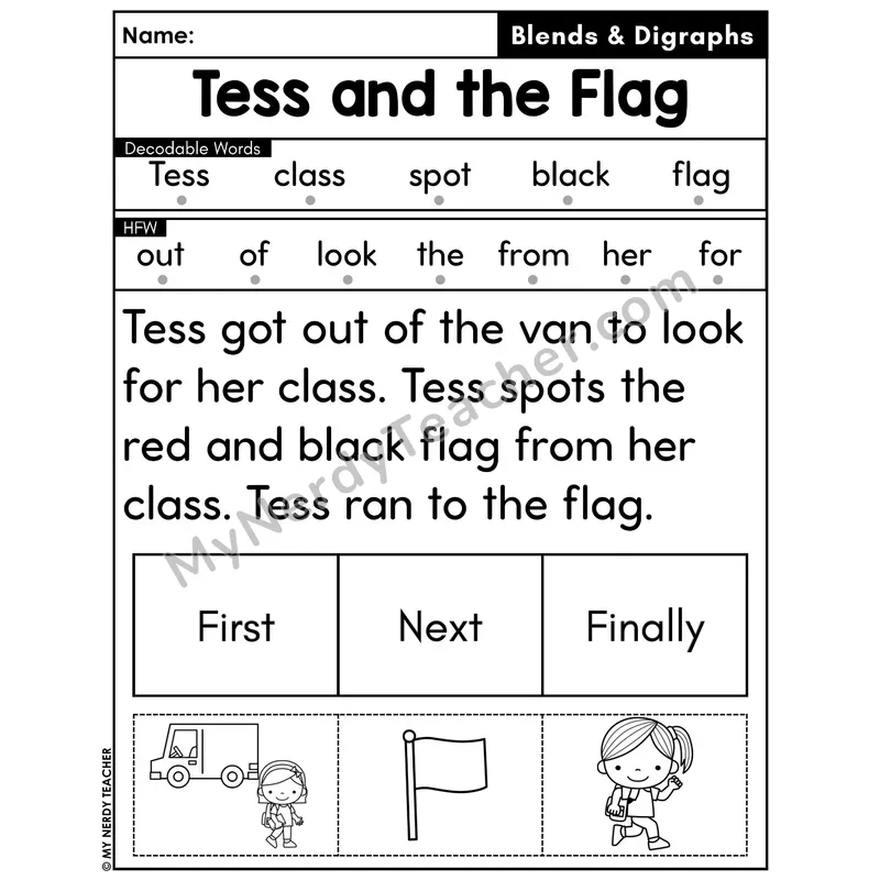 Digraphs and Blends Decodable Passage with Sequencing #1 — Tess and the Flag