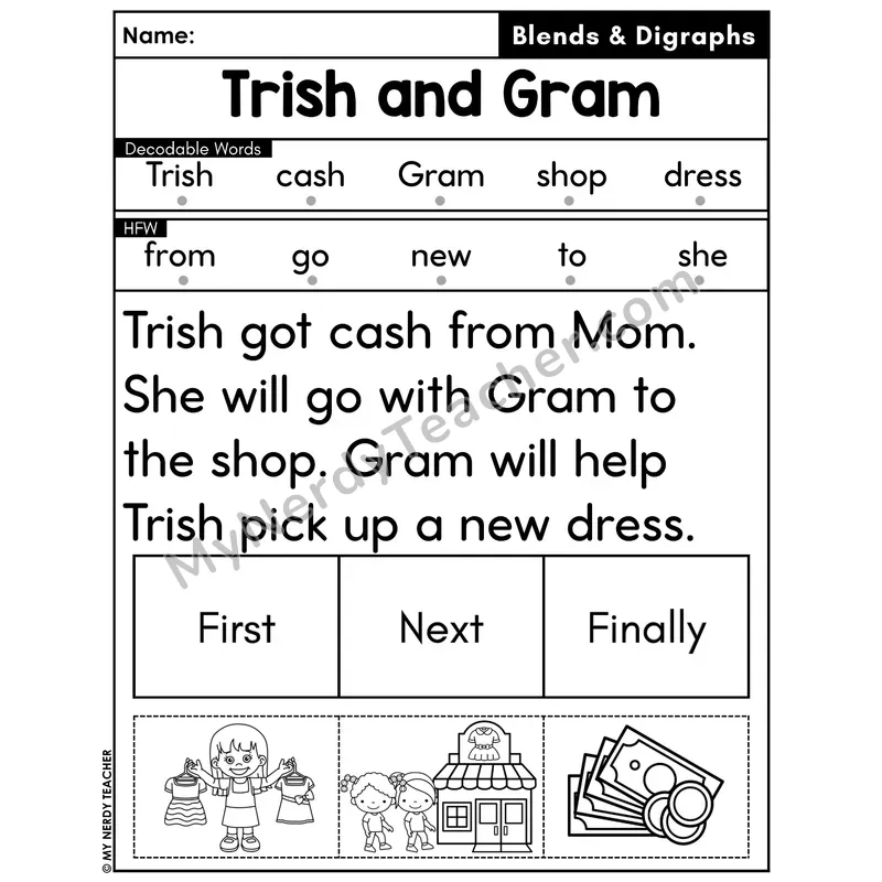 Digraphs and Blends Decodable Passage with Sequencing #36 — Trish and Gram