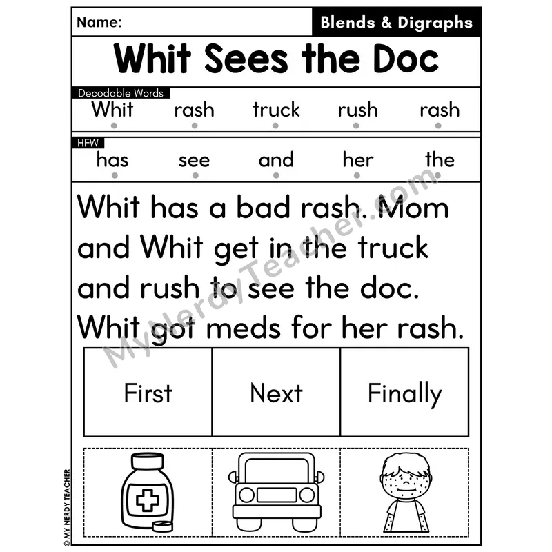 Digraphs and Blends Decodable Passage with Sequencing #39 — Whit Sees the Doc