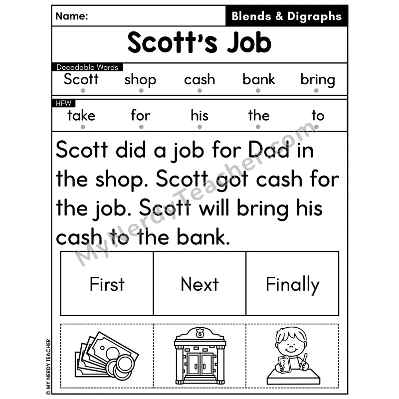 Digraphs and Blends Decodable Passage with Sequencing #41 — Scott's Job
