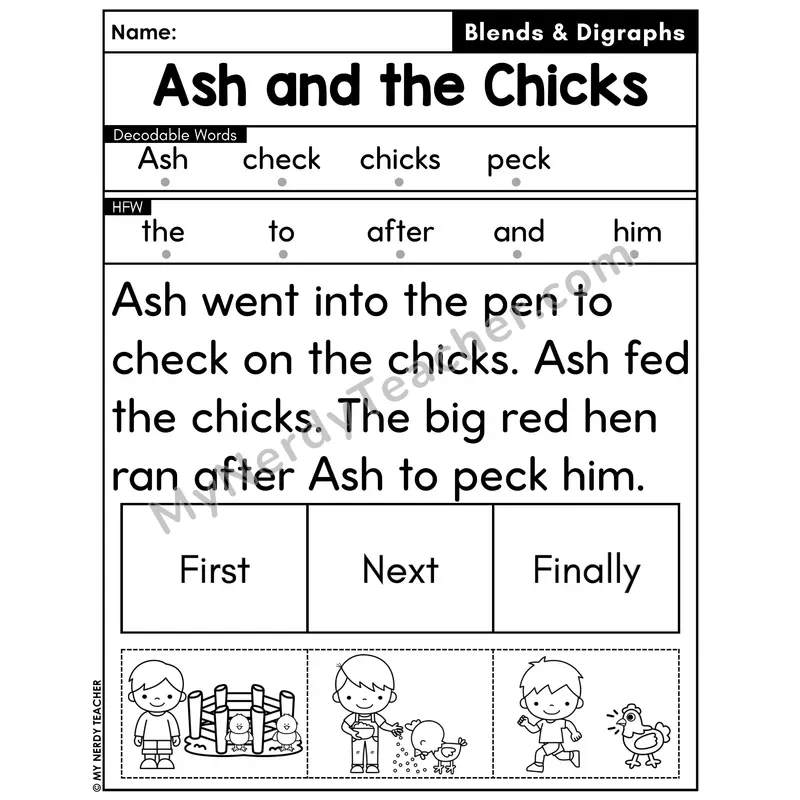 Digraphs and Blends Decodable Passage with Sequencing #26 — Ash and the Chicks