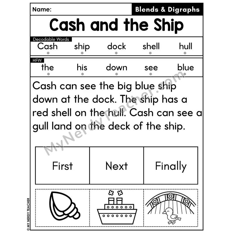 Digraphs and Blends Decodable Passage with Sequencing #37 — Cash and the Ship