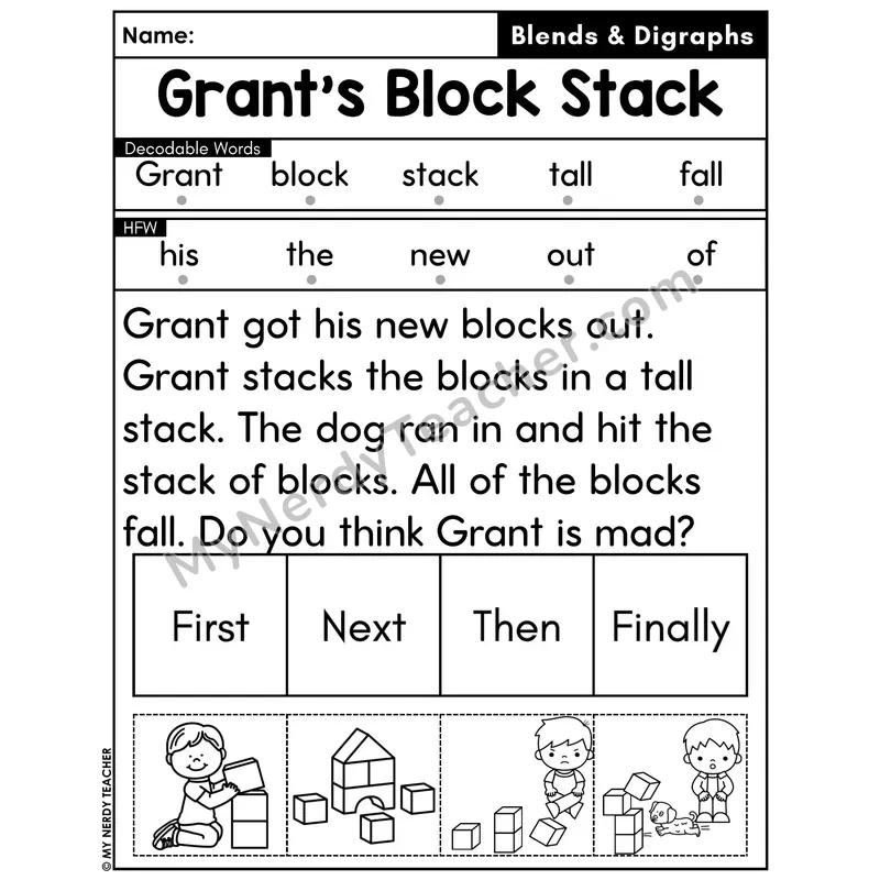 Digraphs and Blends Decodable Passage with Sequencing #33 — Grant's Block Stack