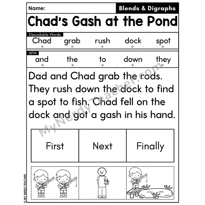 Digraphs and Blends Decodable Passage with Sequencing #22 — Chad's Gash at the Pond