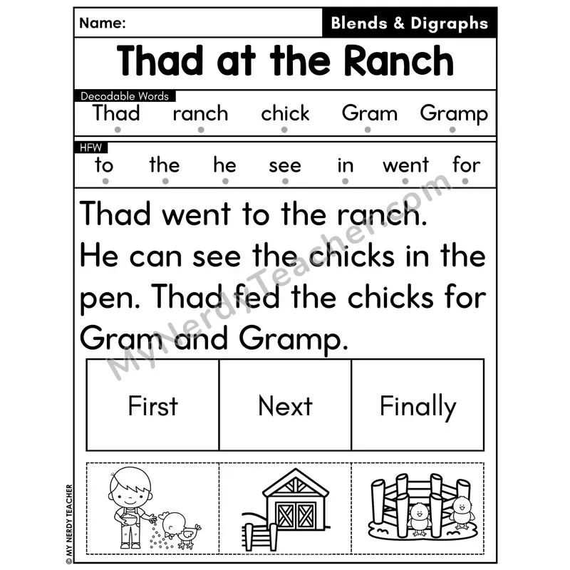 Digraphs and Blends Decodable Passage with Sequencing #24 — Thad at the Ranch