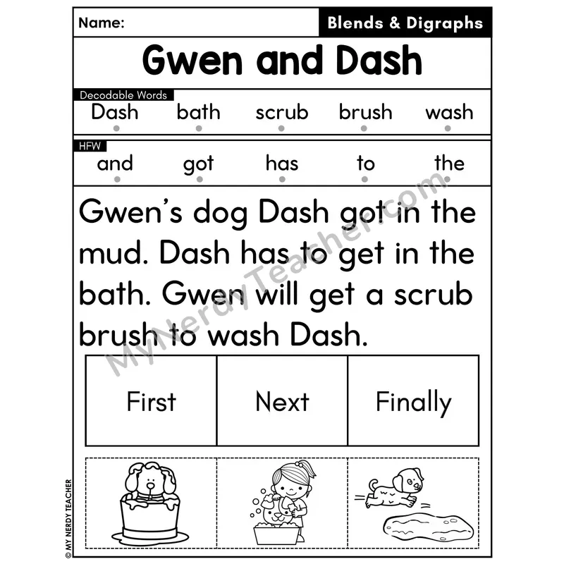 Digraphs and Blends Decodable Passage with Sequencing #45 — Gwen and Dash