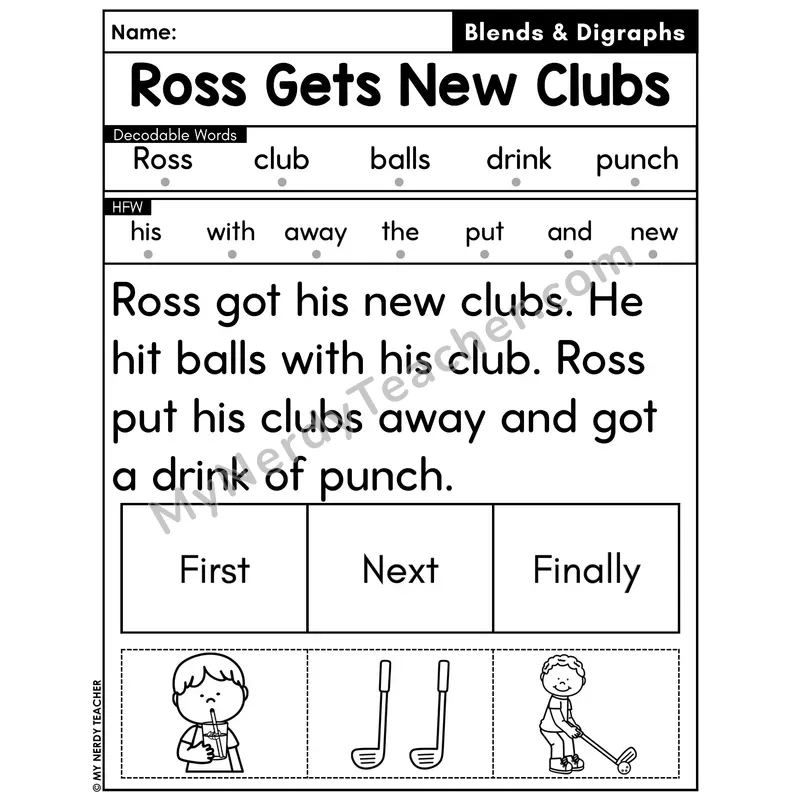 Digraphs and Blends Decodable Passage with Sequencing #27 — Ross Gets New Clubs