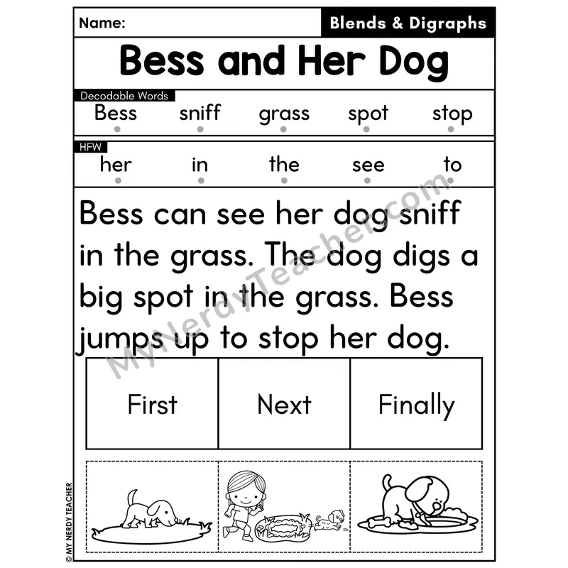 Digraphs and Blends Decodable Passage with Sequencing #32 — Bess and Her Dog