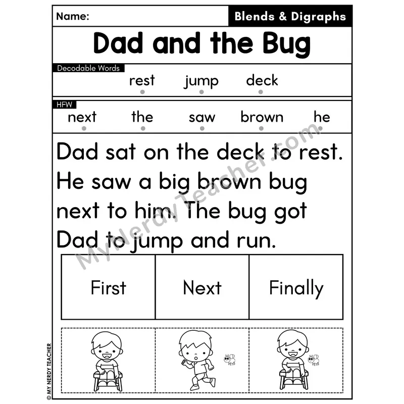 Digraphs and Blends Decodable Passage with Sequencing #28 — Dad and the Bug