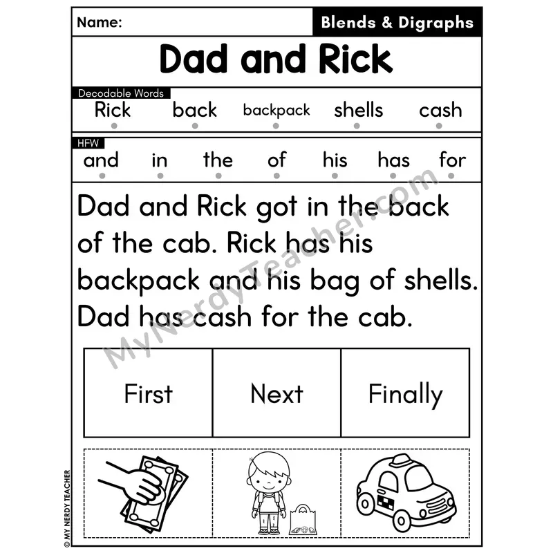Digraphs and Blends Decodable Passage with Sequencing #20 — Dad and Rick
