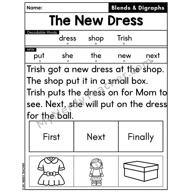 Digraphs and Blends Decodable Passage with Sequencing #21 — The New Dress