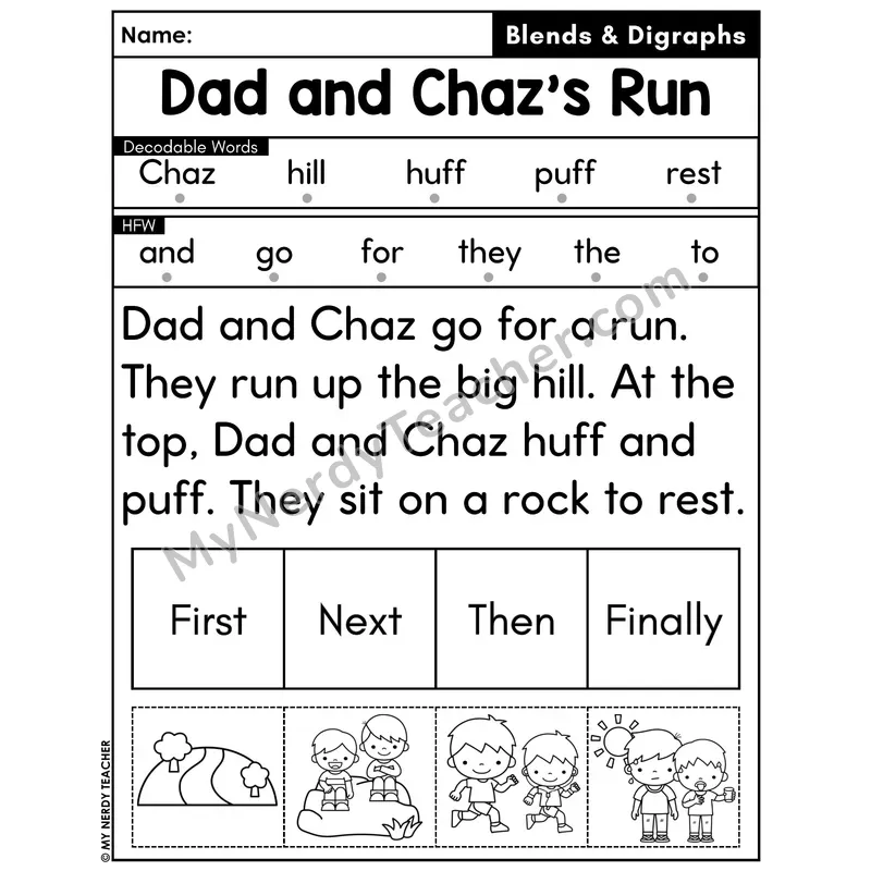 Digraphs and Blends Decodable Passage with Sequencing #6 — Dad and Chaz's Run