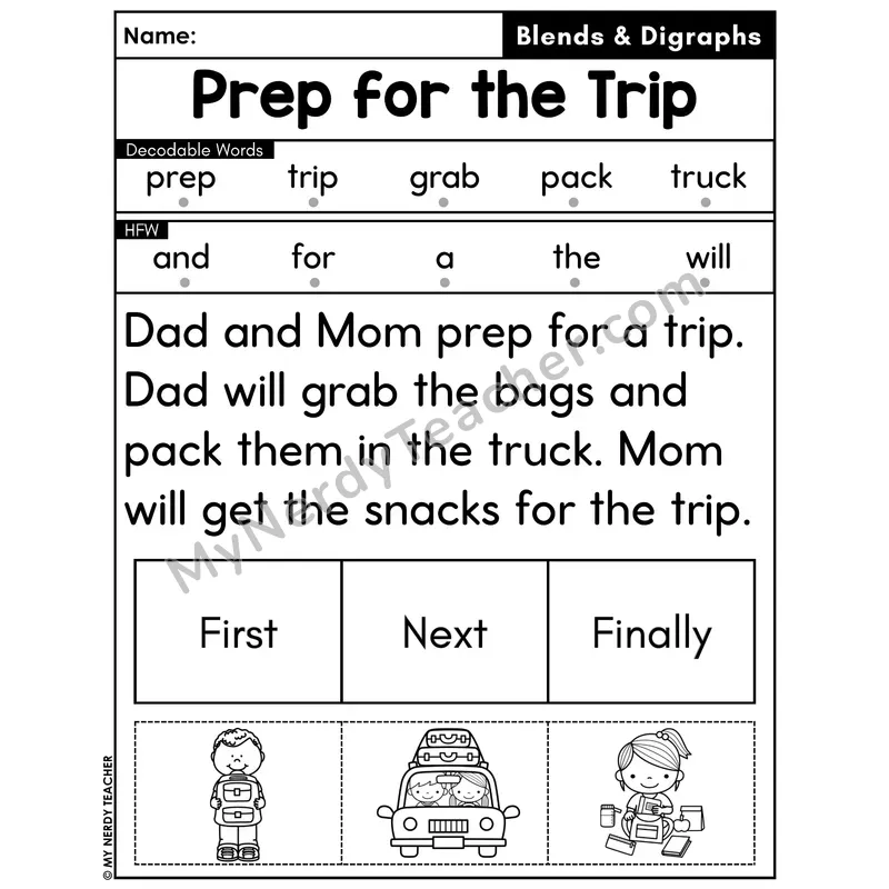 Digraphs and Blends Decodable Passage with Sequencing #18 — Prep for the Trip