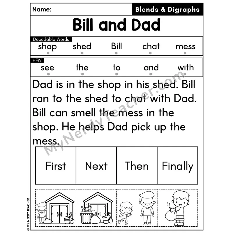 Digraphs and Blends Decodable Passage with Sequencing #16 — Bill and Dad